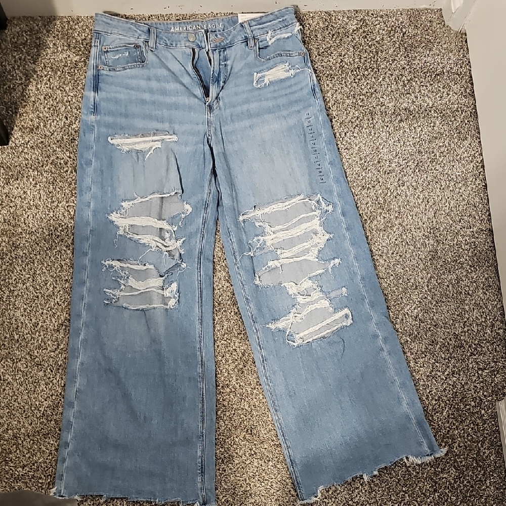 American Eagle Outfitters Light Blue Distressed Wide Leg Jeans
